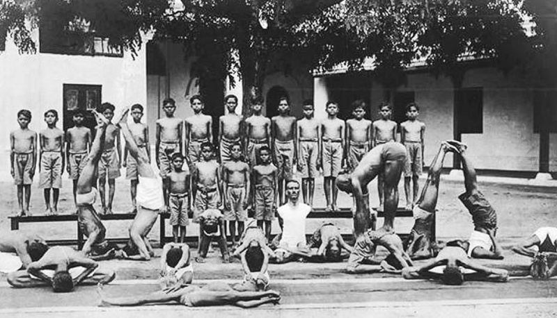Above Krishnamacharya's Yoga school for the boys of the Mysore palace, set up in 1933 by Krishnamacharya's patron the Maharaja of Mysore (photo from Krishnamacharya's Yoga Makaranda pub. Mysore 1934).